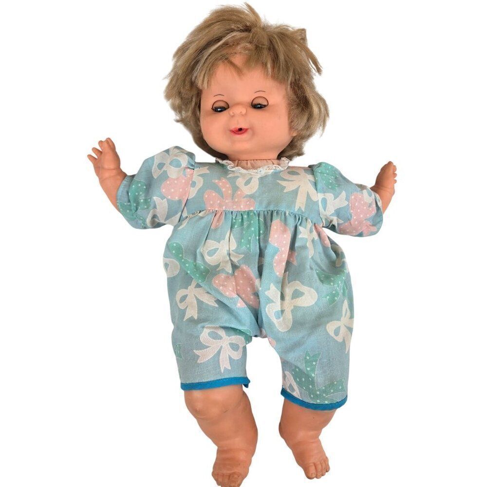 Ideal Baby Doll Bubbles 16" Vintage 1989 Blonde Hair Blue Eyes Romper